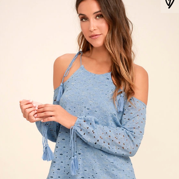 J.O.A. Soul Mate Light Blue Lace Off-the-Shoulder - Picture 2 of 7